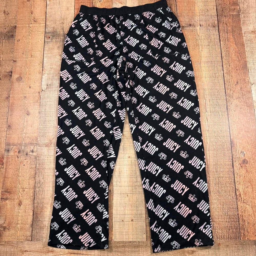 Juicy Couture Pajama Pants Medium Black Logo Print Soft Lounge Y2K